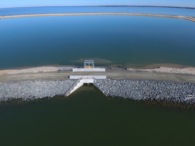Aerial View of Completed Spillway on Poplar Island - MagnumStone Retaining Wall