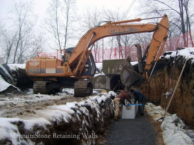 MagnumStone Retaining Wall Installation for Stormwater Management System