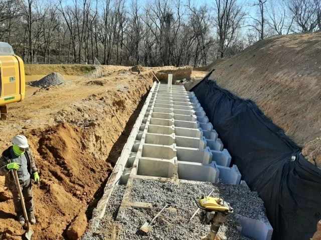 MagnumStone installation of multiple gravity retaining wall extenders