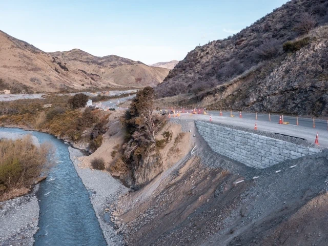 MagnumStone retaining walls repair roadway along Kowai River, New Zealand