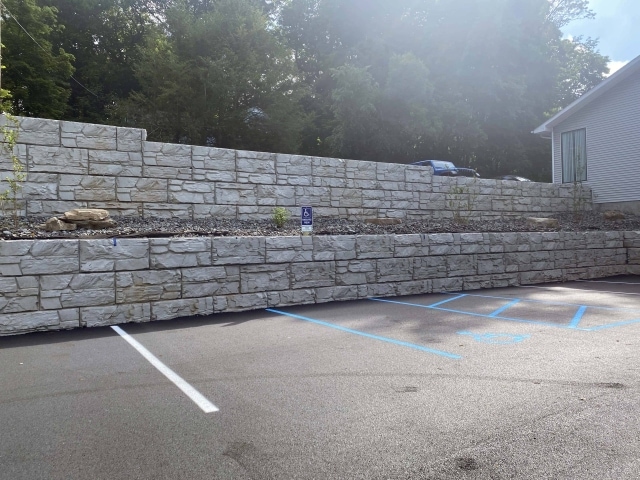 Terraced MagnumStone retaining wall for commercial property, Clark's Summit, PA, USA