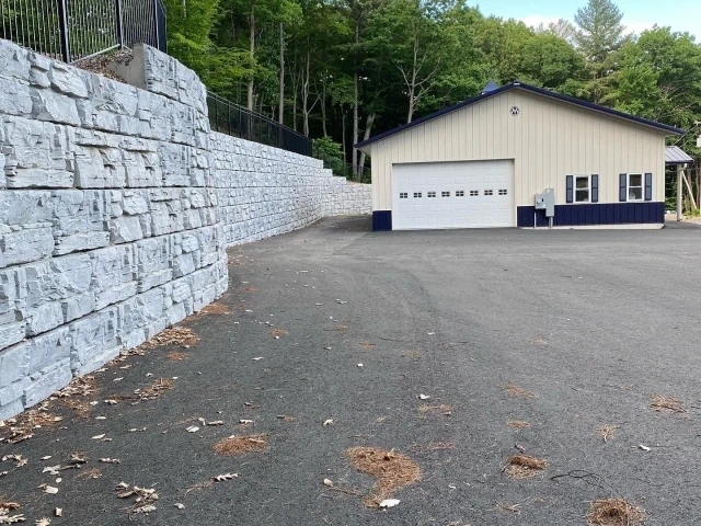 Finished big block retaining wall in Fitchburg, MA.