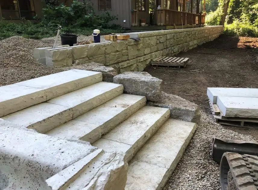 MagnumStone Retaining Wall Installation with Cap Unit Stairs