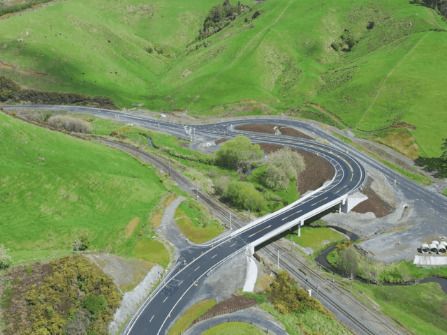 Aerial view of new Kopaki bridge abutments.